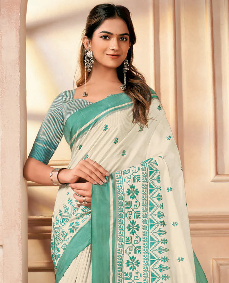 Cream floral embroidered designer saree, contrast jamdani style embroidered border, and striped pallu - Image 2