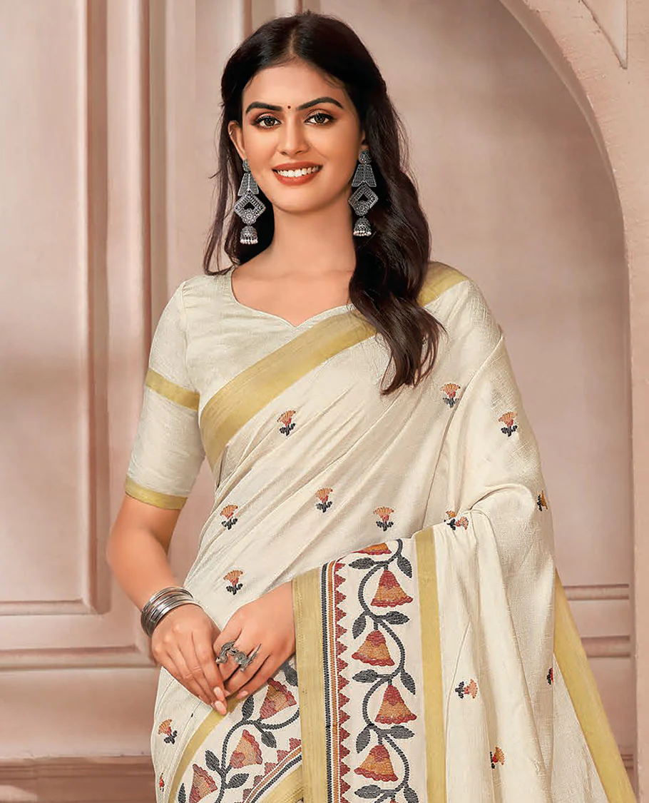 Cream floral motifs embroidered designer saree, floral embroidered temple border, and pallu of stripes - Image 2