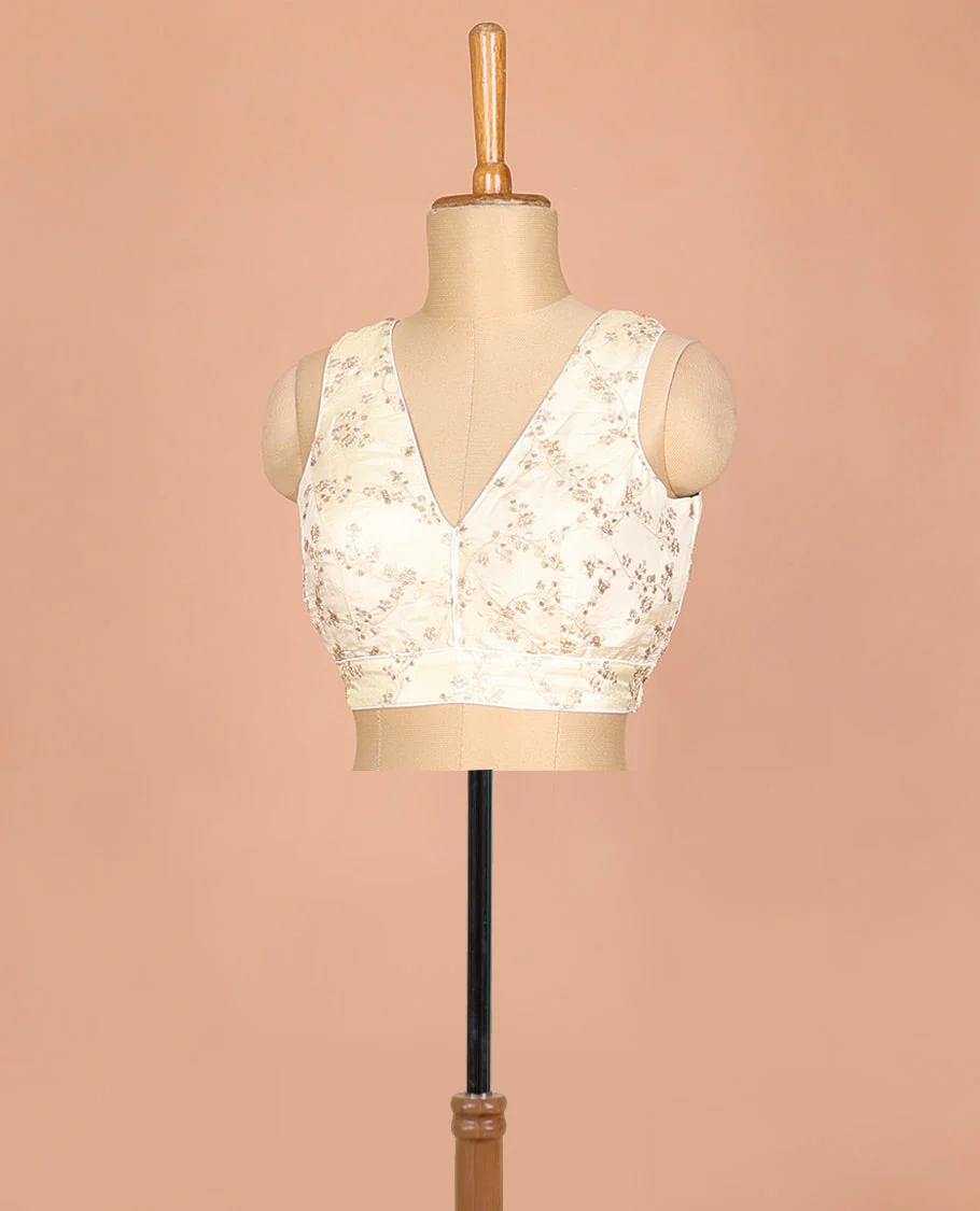 Cream floral vine thread embroidered & sequins work sleeveless readymade blouse with front and back deep-V neck