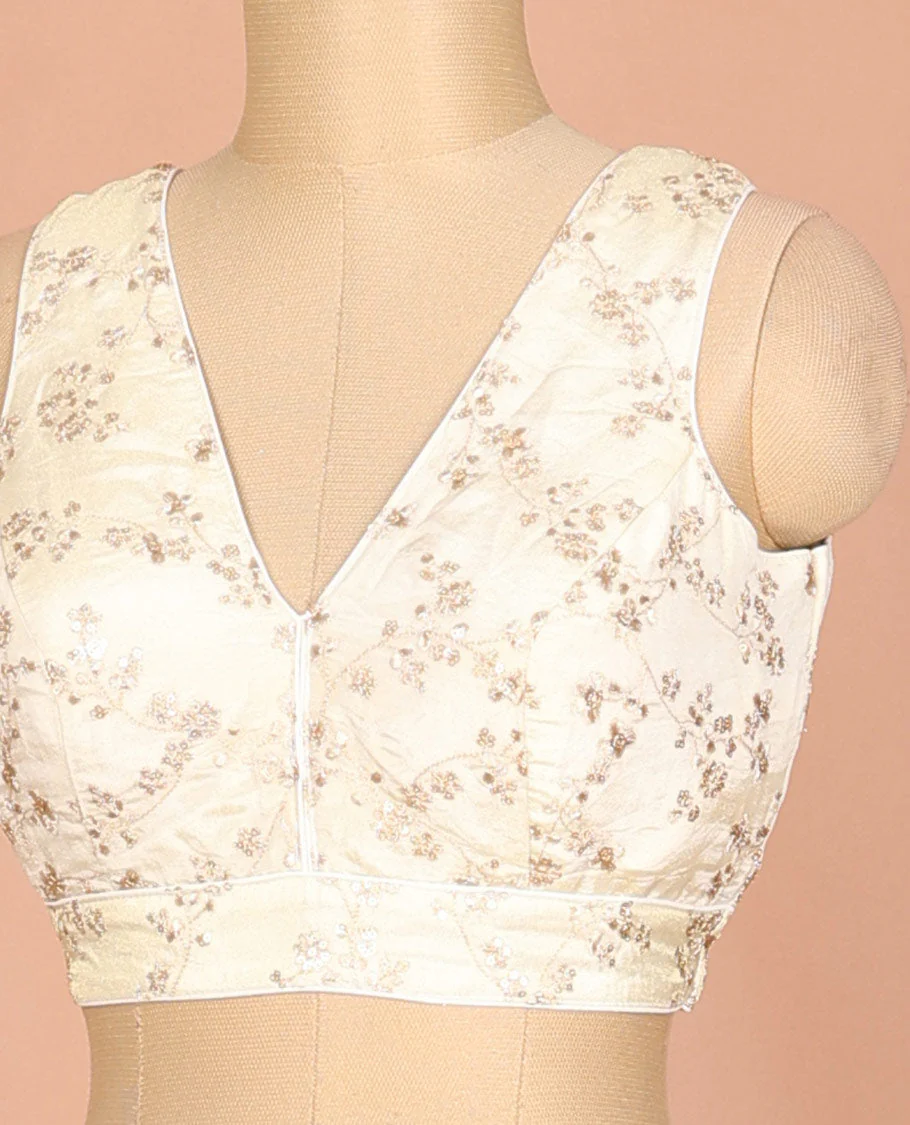 Cream floral vine thread embroidered & sequins work sleeveless readymade blouse with front and back deep-V neck - Image 2