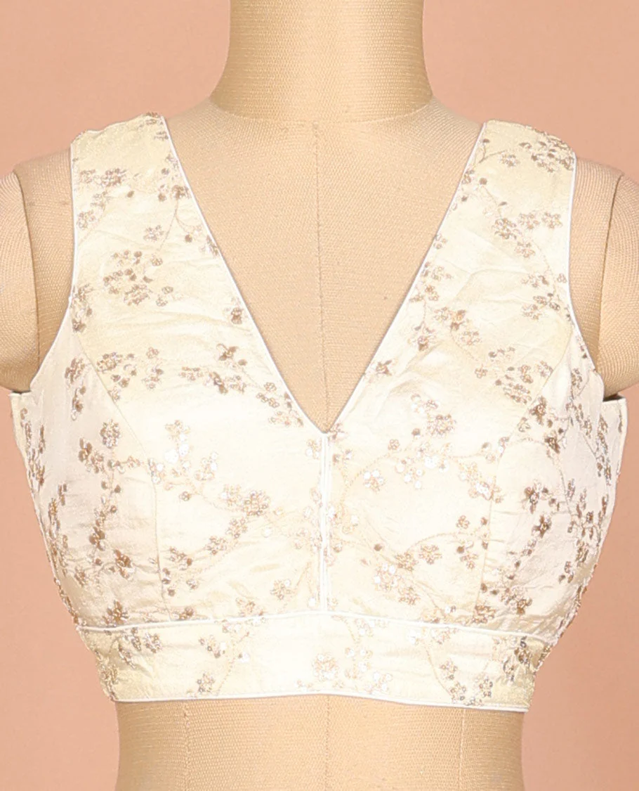 Cream floral vine thread embroidered & sequins work sleeveless readymade blouse with front and back deep-V neck - Image 3