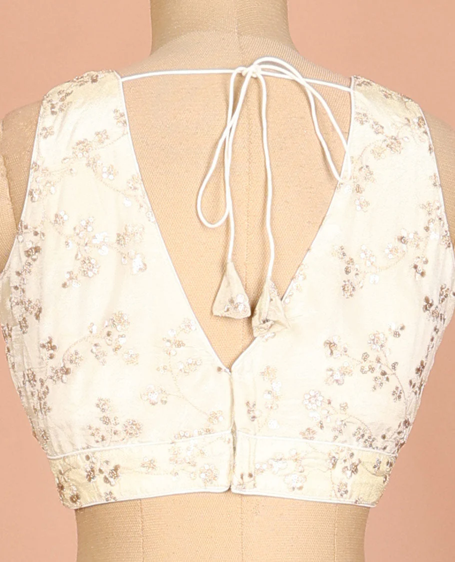 Cream floral vine thread embroidered & sequins work sleeveless readymade blouse with front and back deep-V neck - Image 4