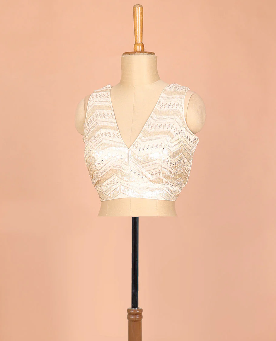 Cream geometric patterns thread embroidered front and back deep V-neck sleeveless raw-silk readymade blouse