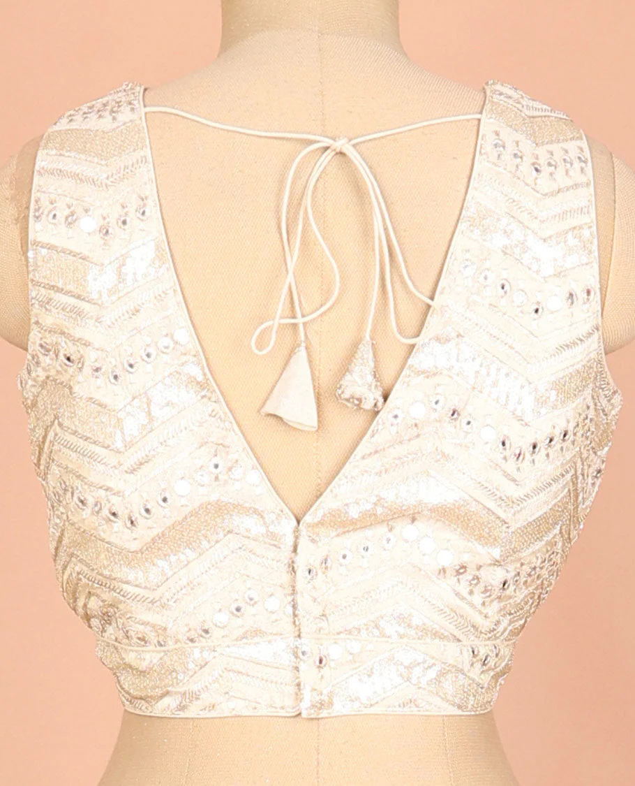 Cream geometric patterns thread embroidered front and back deep V-neck sleeveless raw-silk readymade blouse - Image 4
