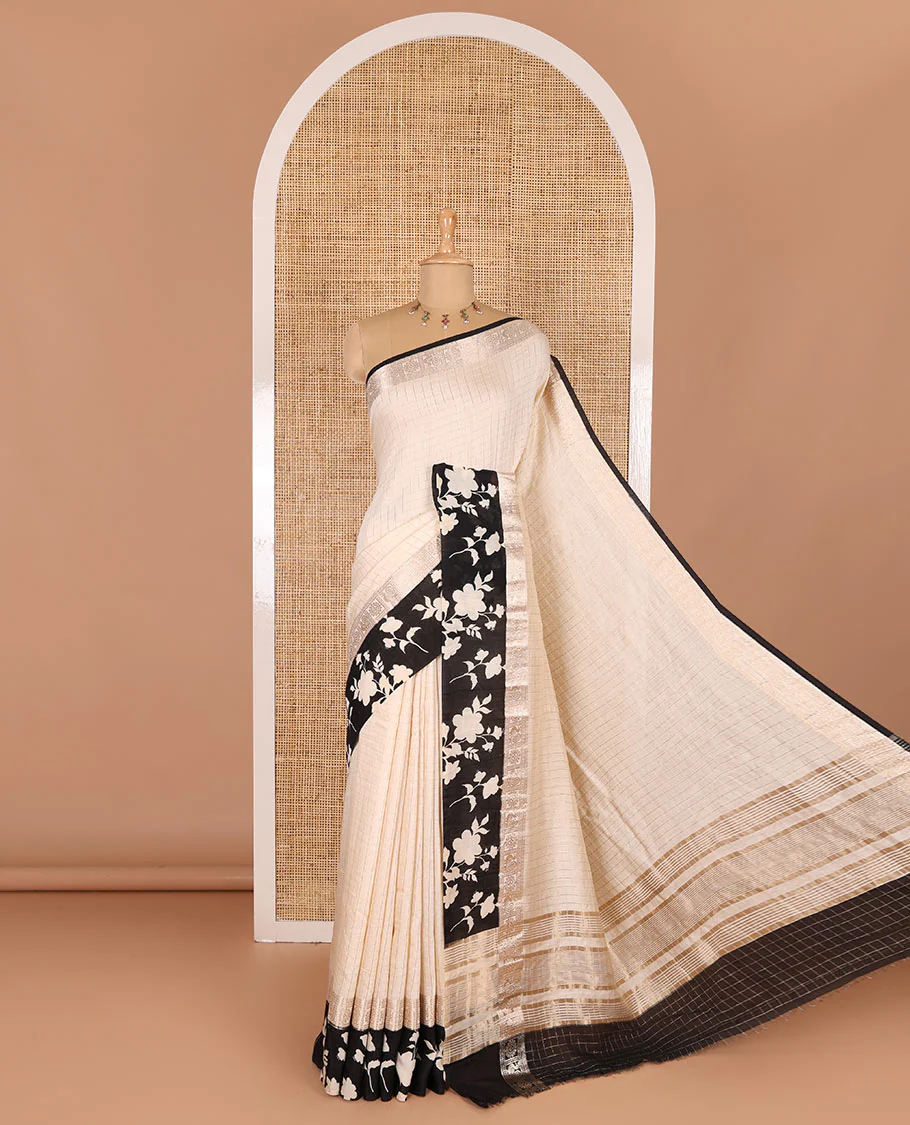 Cream gold zari checked Assam cotton saree, contrast zari border of floral vine print, zari striped pallu, and a matching blouse