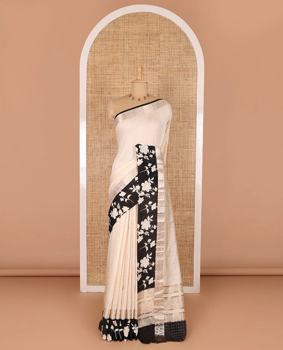 Cream gold zari checked Assam cotton saree, contrast zari border of floral vine print, zari striped pallu, and a matching blouse - Image 2