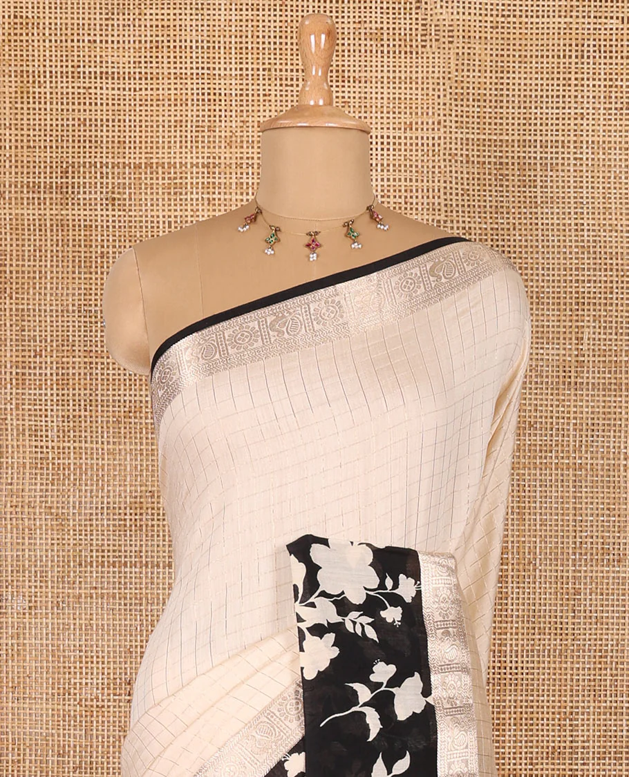 Cream gold zari checked Assam cotton saree, contrast zari border of floral vine print, zari striped pallu, and a matching blouse - Image 3