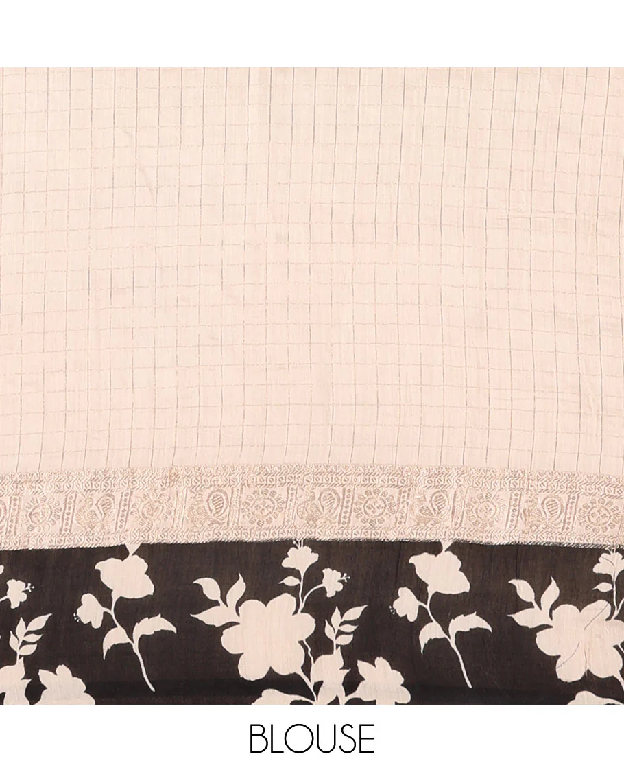 Cream gold zari checked Assam cotton saree, contrast zari border of floral vine print, zari striped pallu, and a matching blouse - Image 4