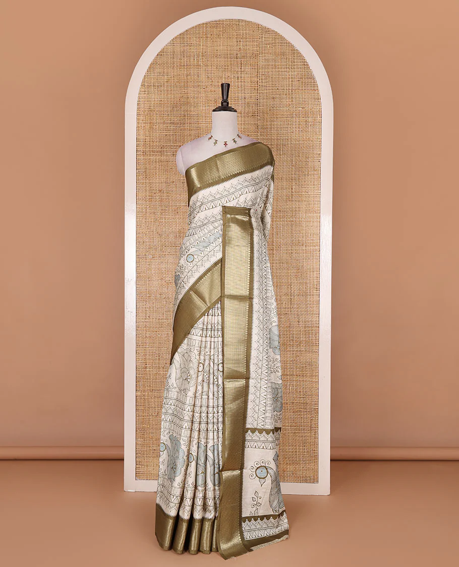 Cream-green flora, fauna, and geometric madhubani printed soft tussar saree, contrast zari border, peacock print pallu, and printed blouse - Image 2