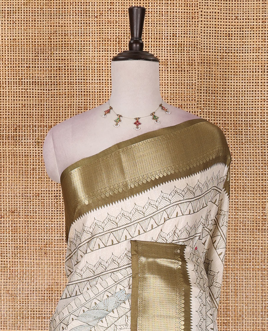 Cream-green flora, fauna, and geometric madhubani printed soft tussar saree, contrast zari border, peacock print pallu, and printed blouse - Image 3