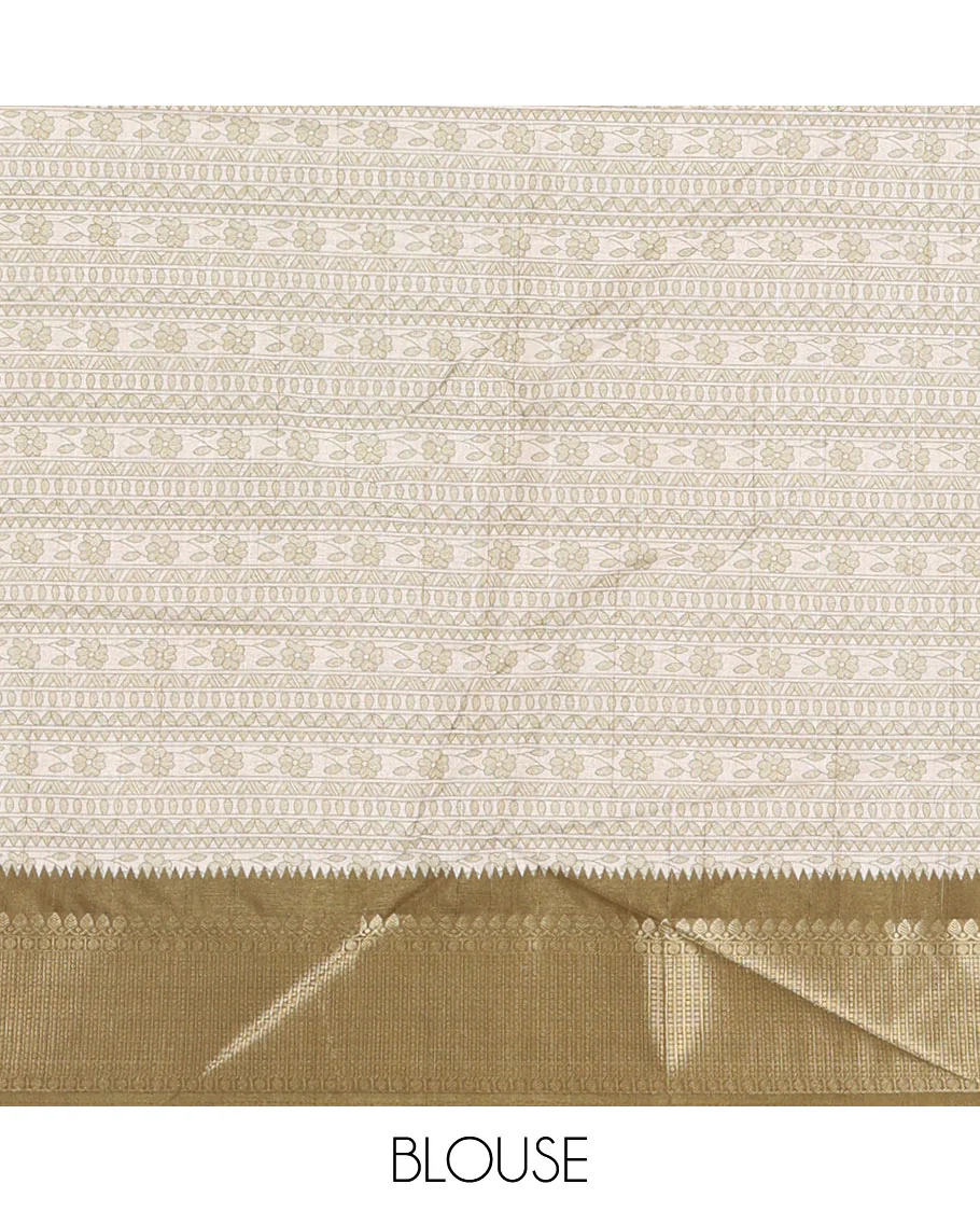 Cream-green flora, fauna, and geometric madhubani printed soft tussar saree, contrast zari border, peacock print pallu, and printed blouse - Image 4