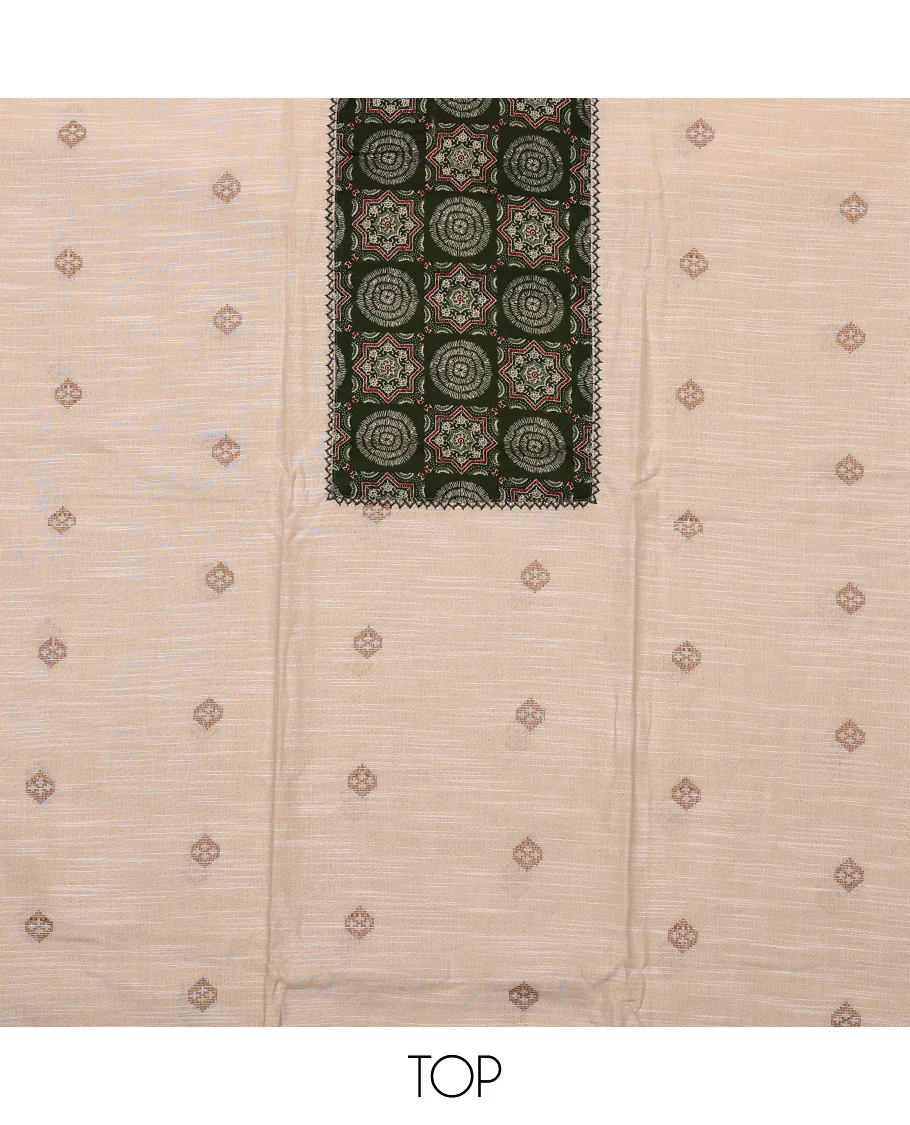 Cream-green material chudidar set, Ajrakh printed patch neck work top, contrast Ajrakh printed bottom, and thread embroidered dupatta - Image 2