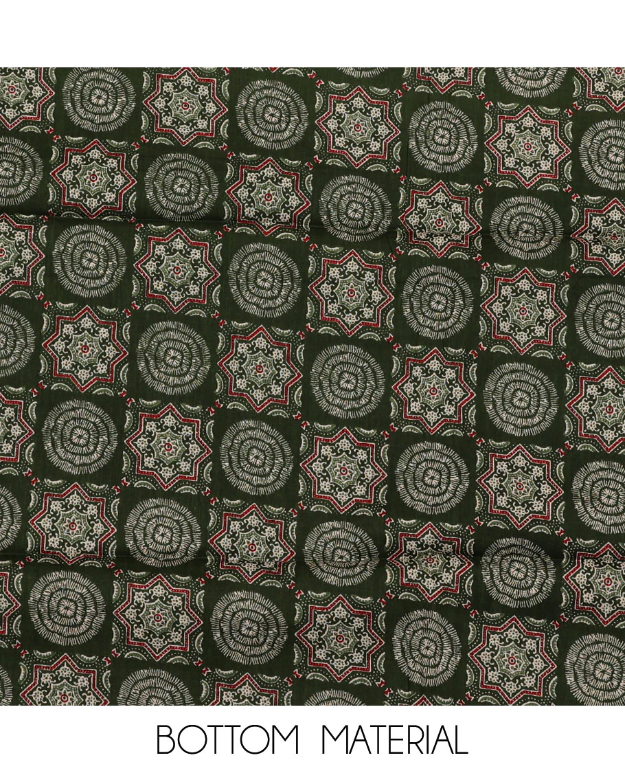 Cream-green material chudidar set, Ajrakh printed patch neck work top, contrast Ajrakh printed bottom, and thread embroidered dupatta - Image 3