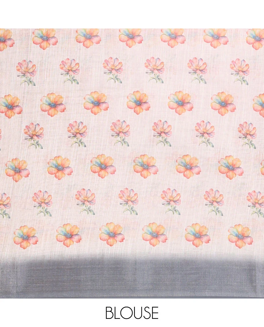 Cream-grey floral & sparrow printed linen saree, contrast zari border & floral motifs printed blouse - Image 4