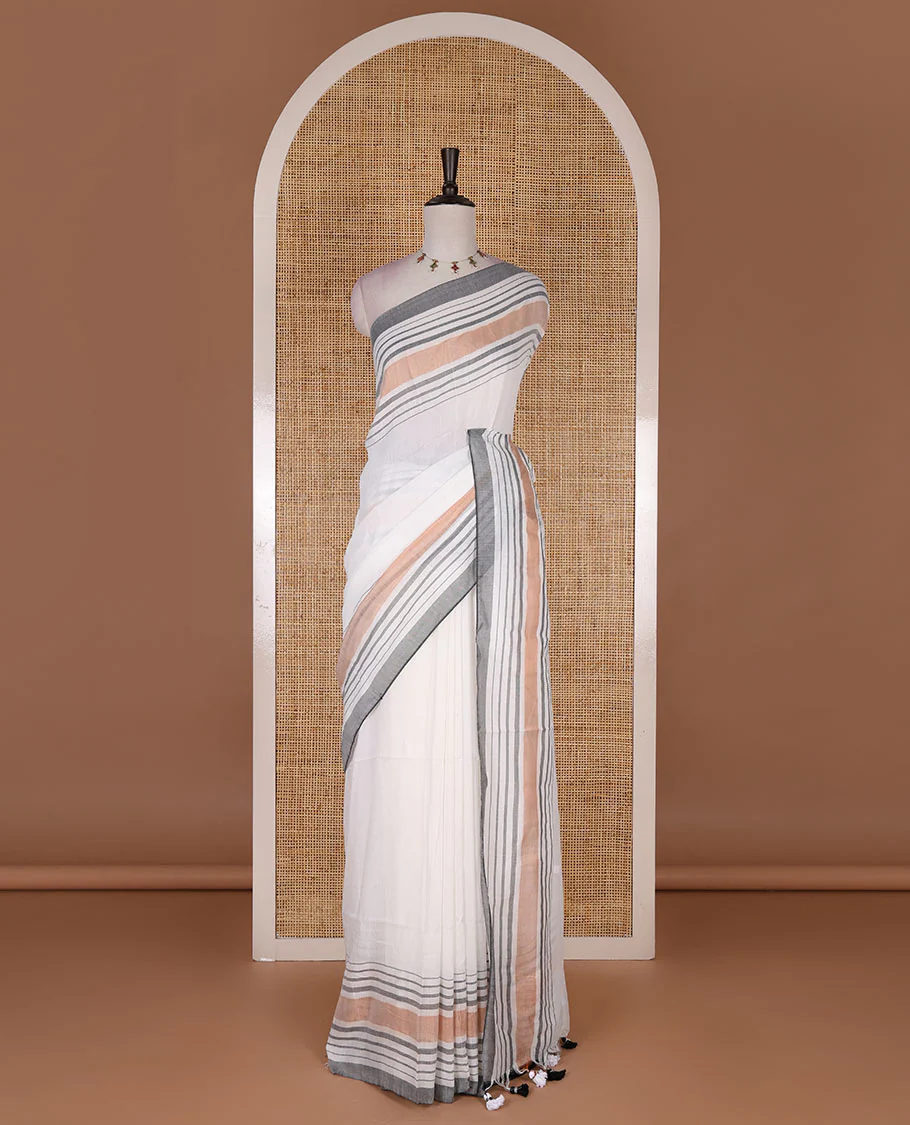 Cream-grey plain design mul mul cotton saree, contrast copper zari horizontally striped border, plain pallu, and plain blouse - Image 2