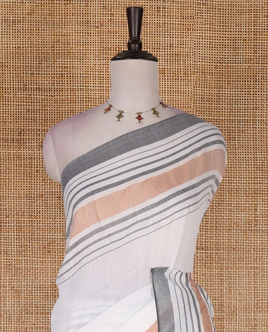 Cream-grey plain design mul mul cotton saree, contrast copper zari horizontally striped border, plain pallu, and plain blouse - Image 3