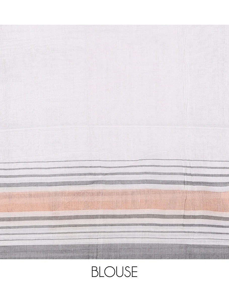 Cream-grey plain design mul mul cotton saree, contrast copper zari horizontally striped border, plain pallu, and plain blouse - Image 4