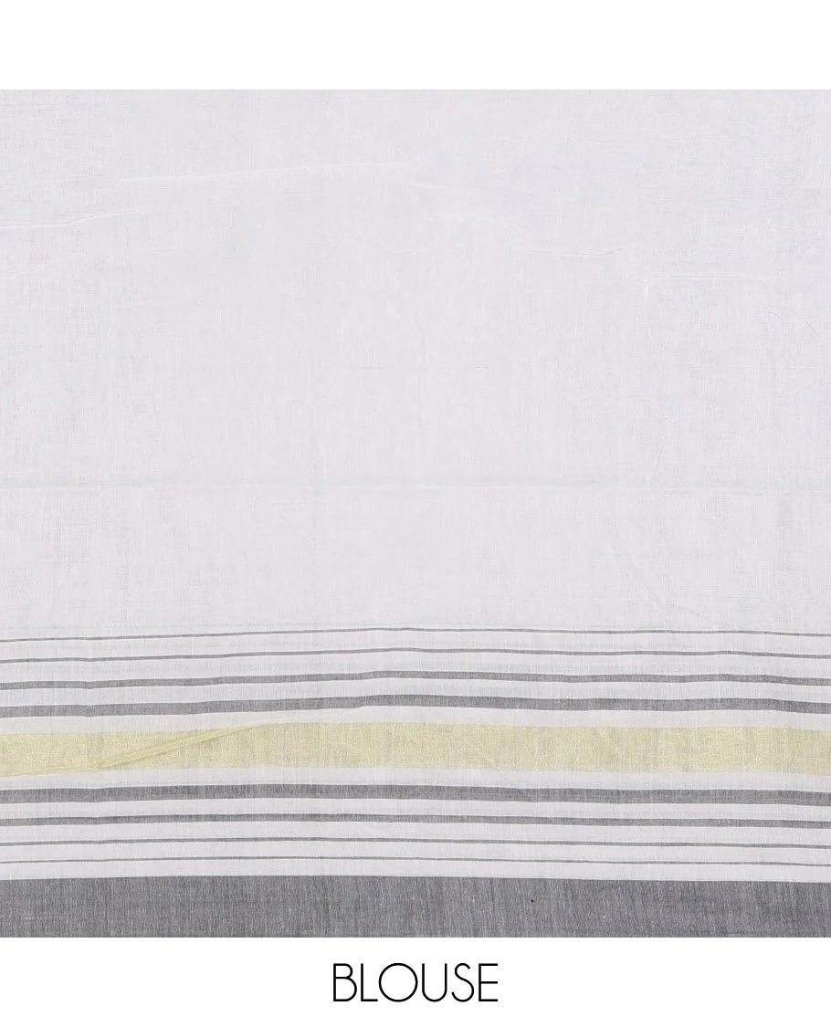 Cream-grey plain design mul mul cotton saree, contrast gold zari horizontally striped border, plain pallu, and plain blouse - Image 4