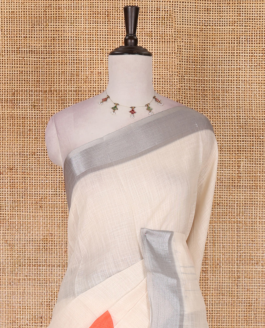 Cream hand painting style crane motifs printed linen cotton saree, silver bavanji border, contrast geometric printed blouse - Image 3