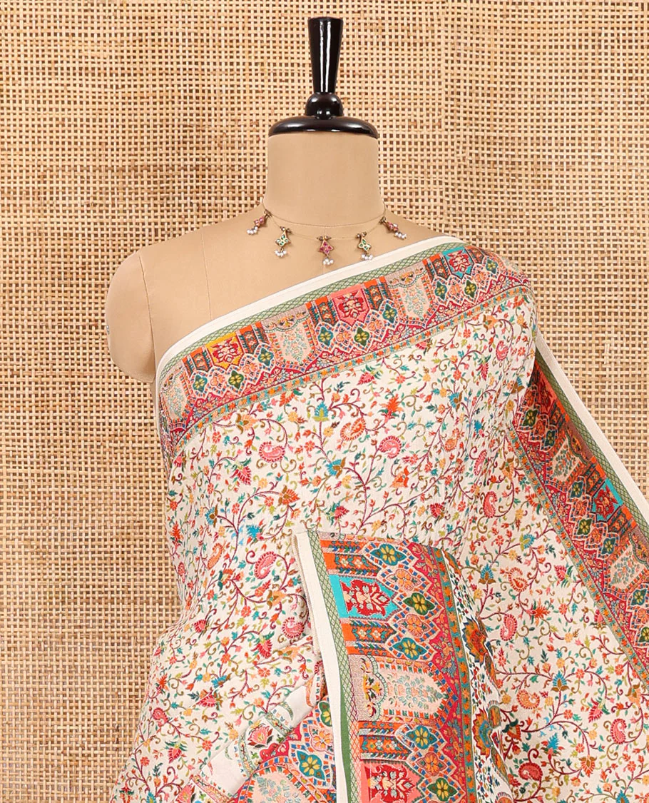 Cream intricate Mughal style position woven Russian silk saree, Mughal style motifs position woven border, pallu, and a contrast manga buttas blouse - Image 2