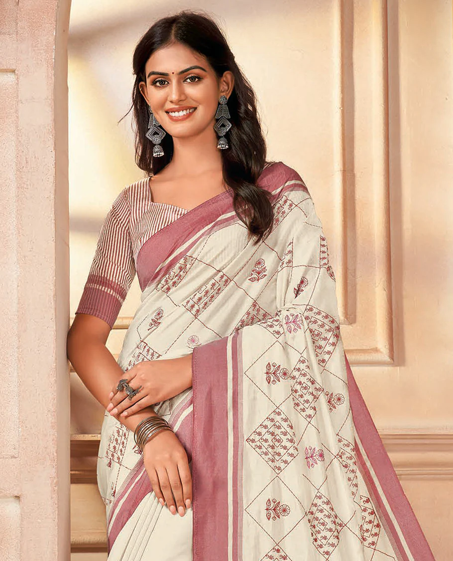 Cream jaal embroidered designer saree, contrast border, and striped pallu - Image 2