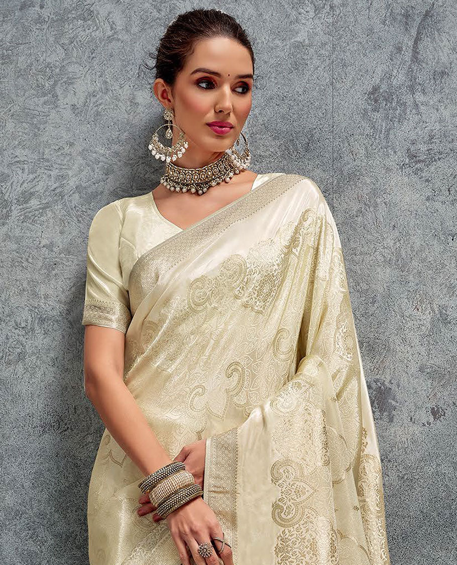 Cream jacquard designer saree, zari border, and pallu of intricate design - Image 2