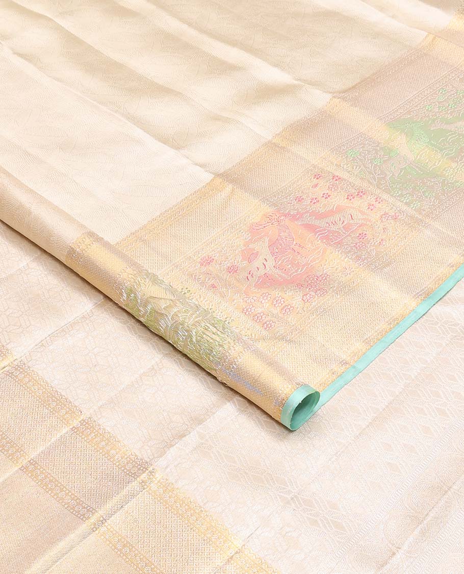 Cream jacquard Kanchipuram silk saree, zari border of mayil kann, and meenakari maan designs, and geometric pallu - Image 2