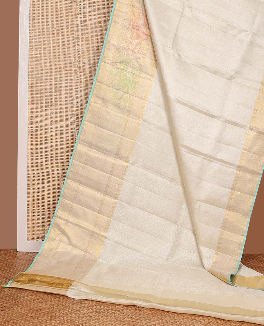 Cream jacquard Kanchipuram silk saree, zari border of mayil kann, and meenakari maan designs, and geometric pallu - Image 3