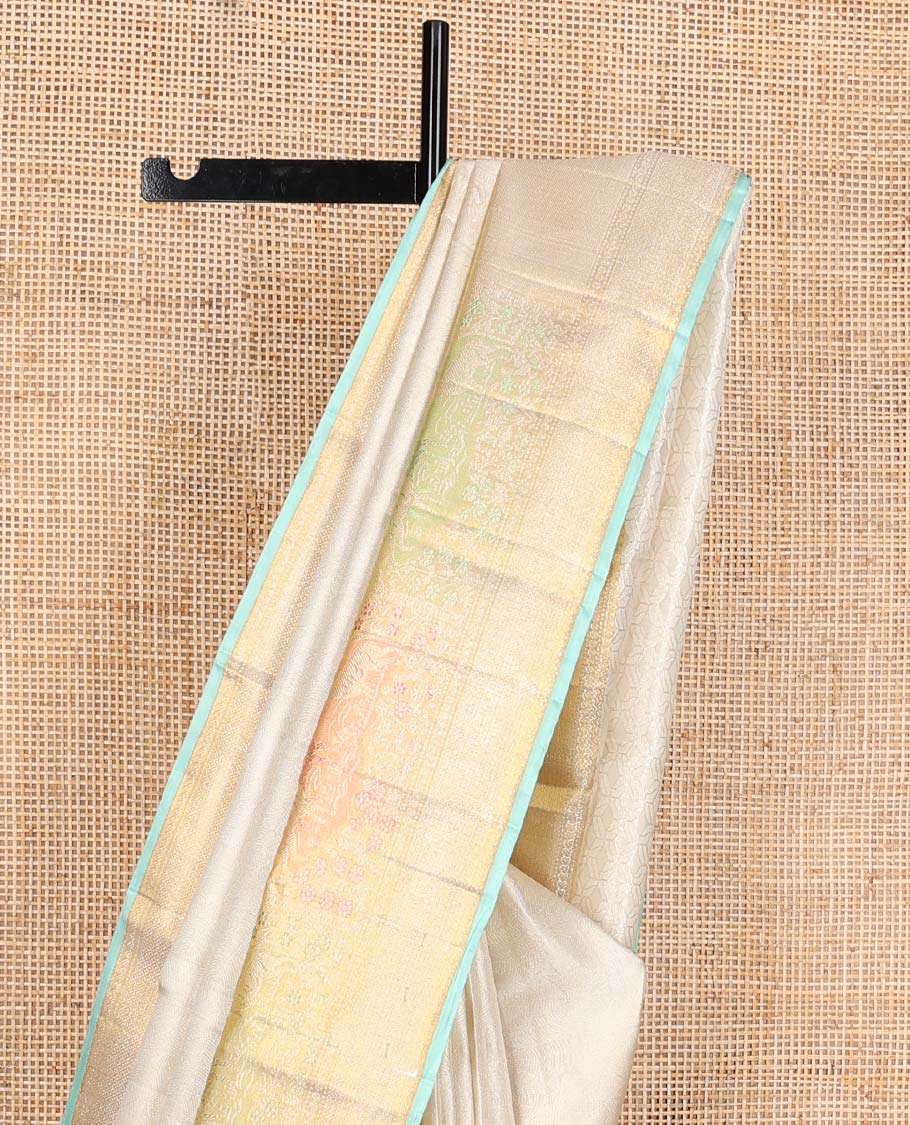 Cream jacquard Kanchipuram silk saree, zari border of mayil kann, and meenakari maan designs, and geometric pallu - Image 4