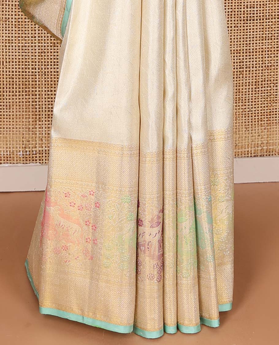 Cream jacquard Kanchipuram silk saree, zari border of mayil kann, and meenakari maan designs, and geometric pallu - Image 5