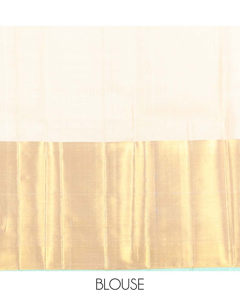 Cream jacquard Kanchipuram silk saree, zari border of mayil kann, and meenakari maan designs, and geometric pallu - Image 6