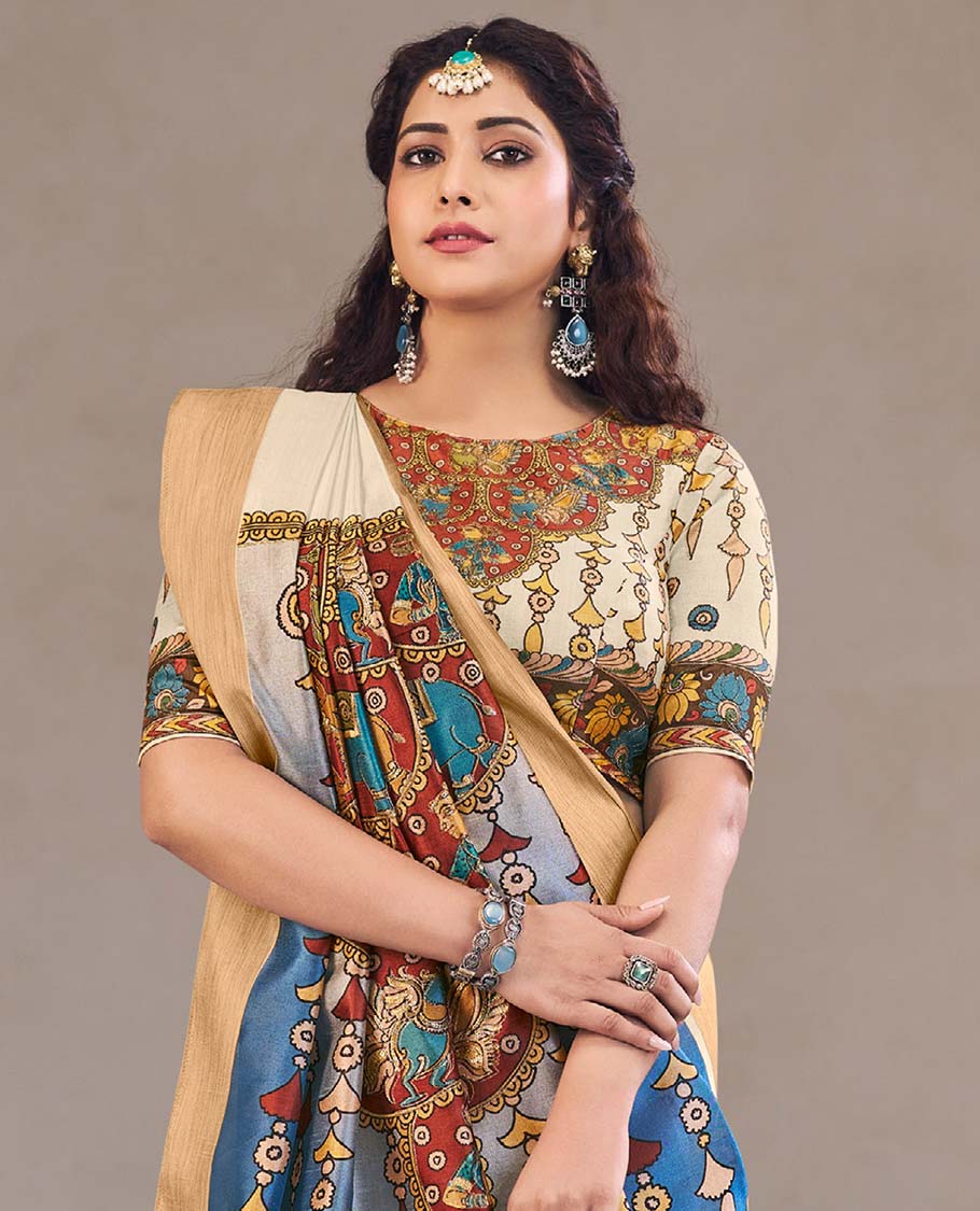 Cream kalamkari printed designer catalog saree, bavanji border, and kalamkari printed pallu of flora, fauna and human figurines - Image 2