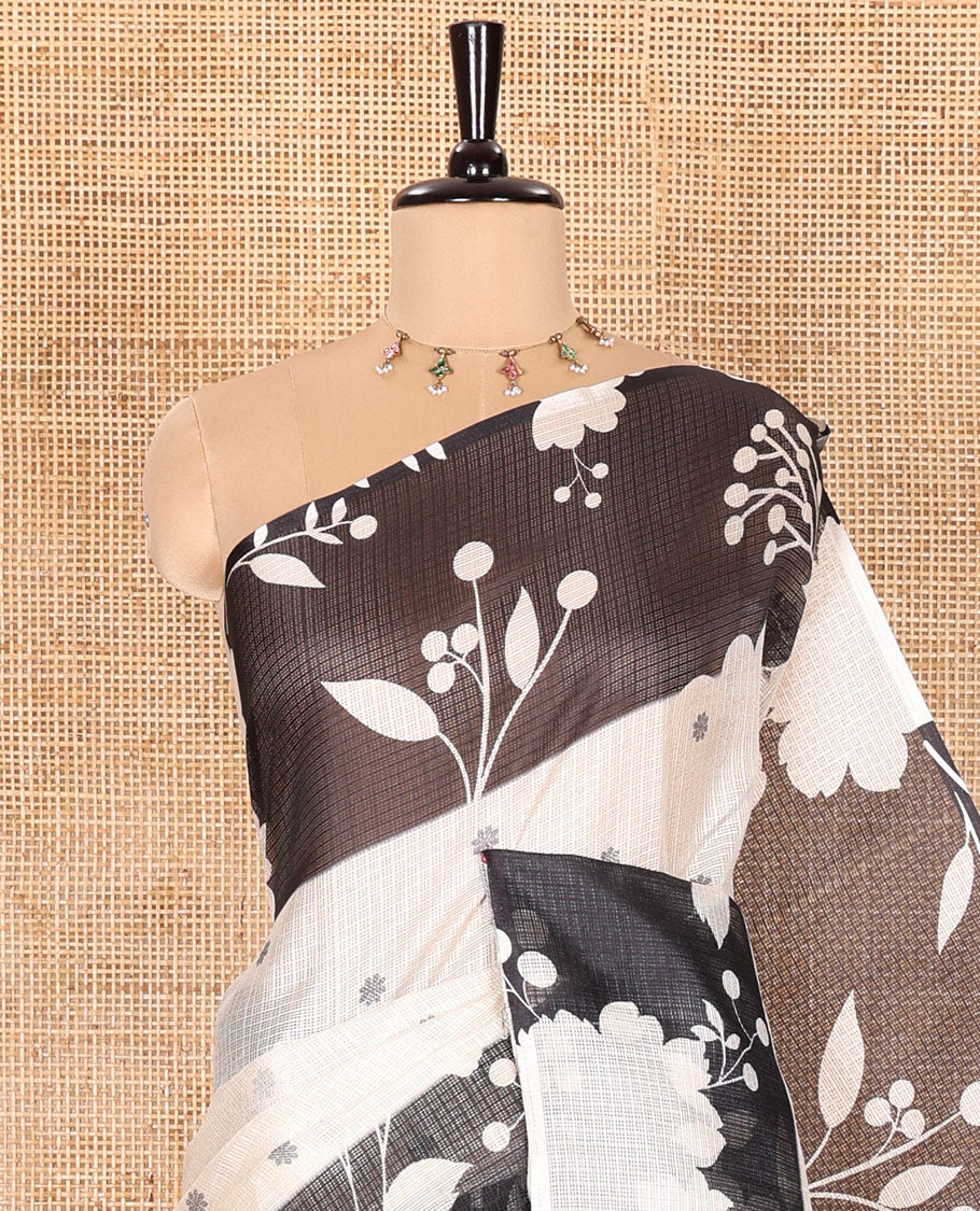 Cream Kota Chex Saree Featuring Floral Motif Prints, Accentuated by a Contrast Border and Pallu with Floral Silhouette Prints, Paired with a Matching Floral-Printed Blouse - Image 2