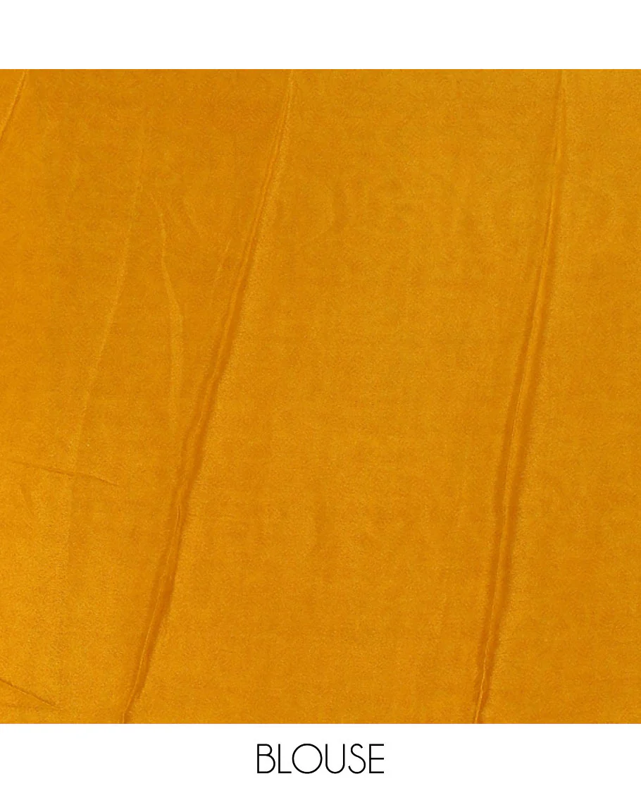 Cream leaf motifs printed crepe silk saree, contrast yellow printed blouse, kaleidoscope coloured intricately printed border & pallu - Image 4