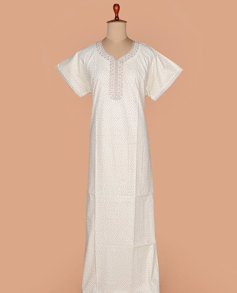 Cream leaf printed with leaf-neck embroidered half-sleeve cotton nighty - Image 2