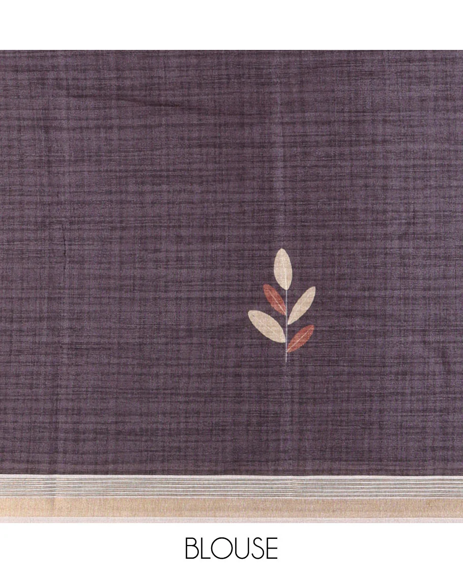 Cream leaf themed printed soft tussar saree, contrast golden zari horizontally striped border, dual color textured pallu, and contrast plain blouse - Image 4
