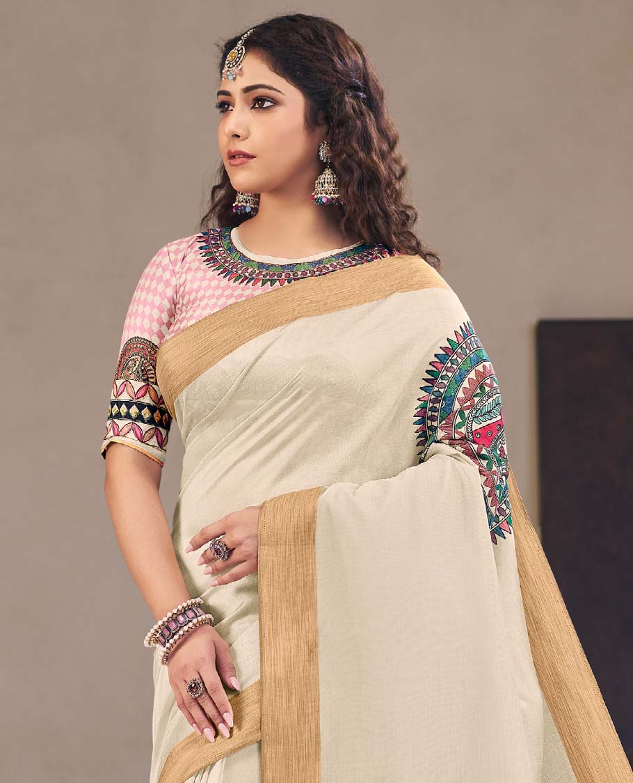 Cream Madhubani printed designer catalog saree, bavanji border, and Madhubani printed  pallu of floral and human figurine - Image 2