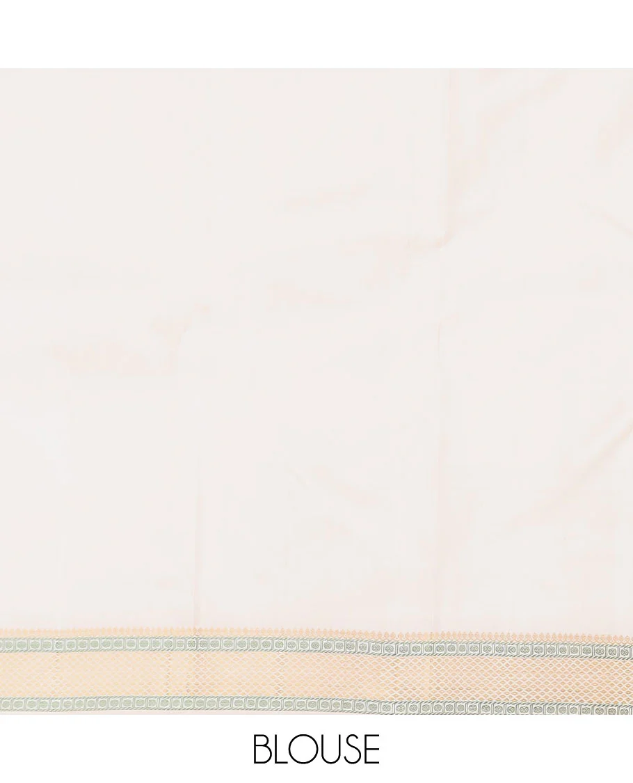 Cream malli mokku Kanchipuram silk saree, self-border of thilakam mokku, rudraksham, and mayil kann, and pallu of thilakam mokku, chakram, seppu rekku, and geometric patterns - Image 6