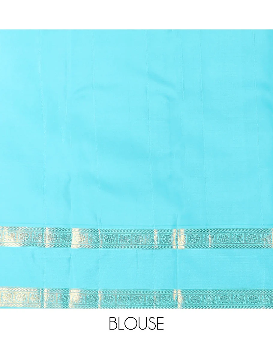 Cream manga buttas Kanchipuram silk saree, contrast rettai pettu border of kathir and annam chakram motifs, and butta enclosed checked pallu - Image 6