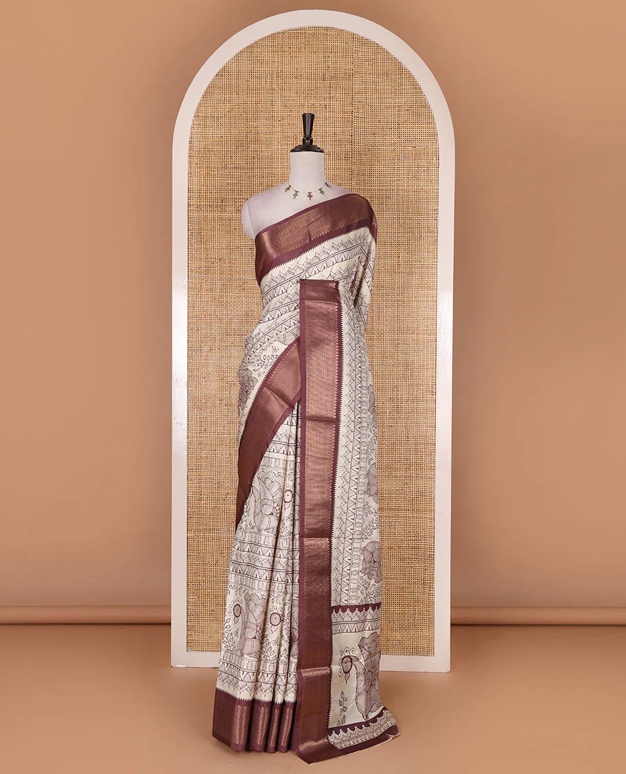 Cream-maroon flora, fauna, and geometric madhubani printed soft tussar saree, contrast zari border, peacock print pallu, and printed blouse - Image 2