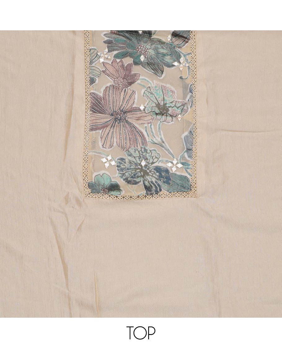 Cream material chudidar set, floral patch embroidered with mirror work top, plain bottom and floral printed dupatta - Image 2