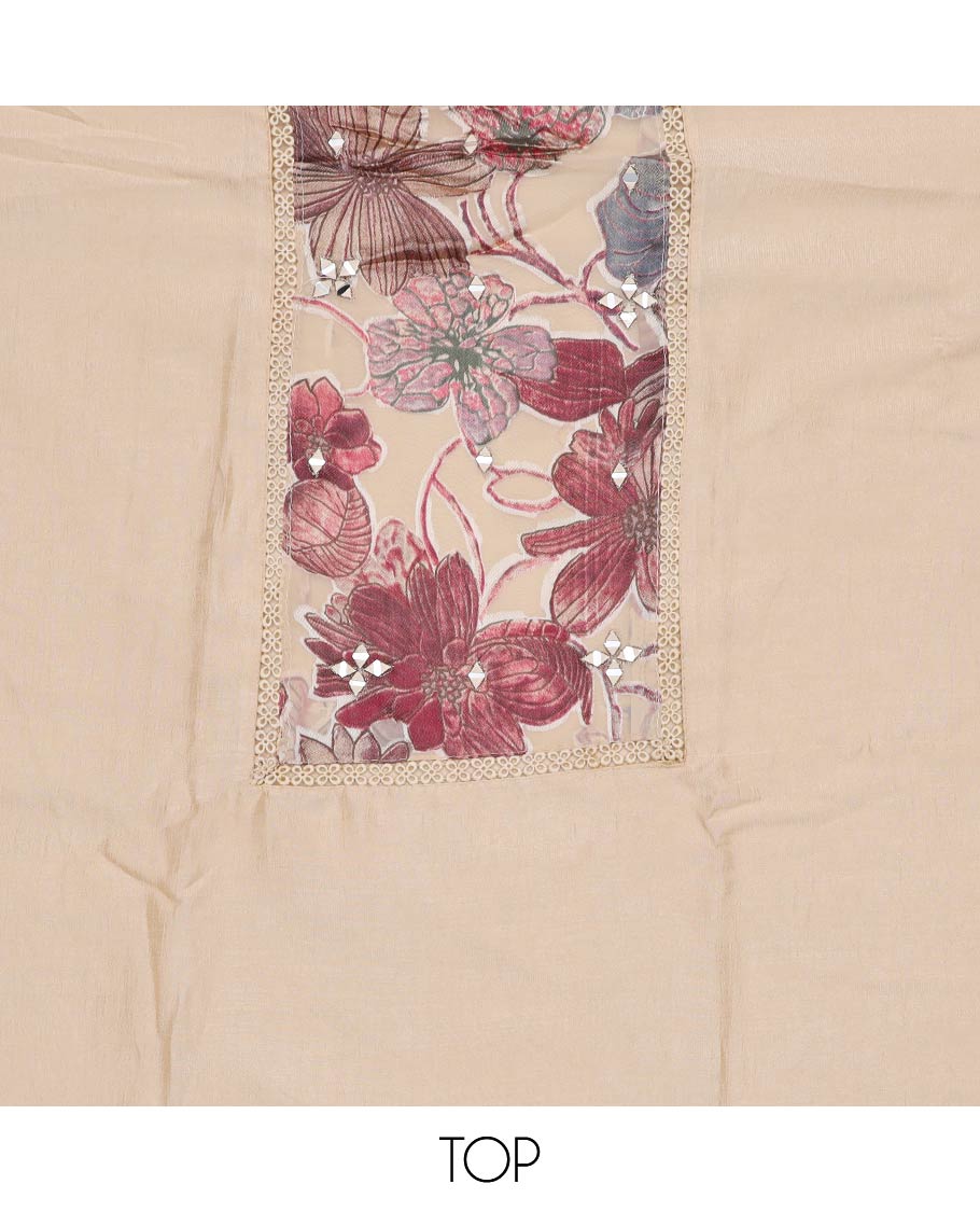 Cream material chudidar set, floral patch embroidered with mirror work top, plain bottom and floral printed dupatta - Image 2