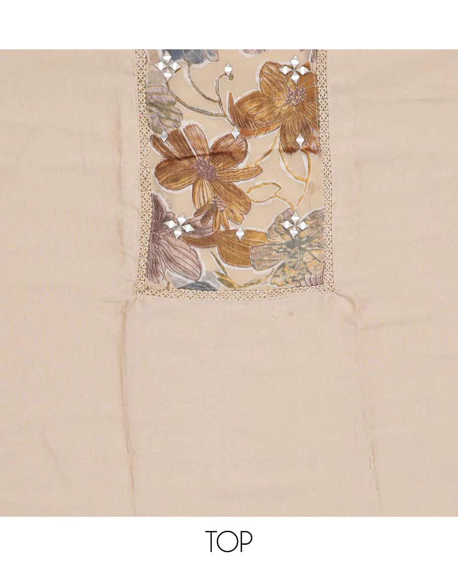 Cream material chudidar set, floral patch embroidered with mirror work top, plain bottom and floral printed dupatta - Image 2