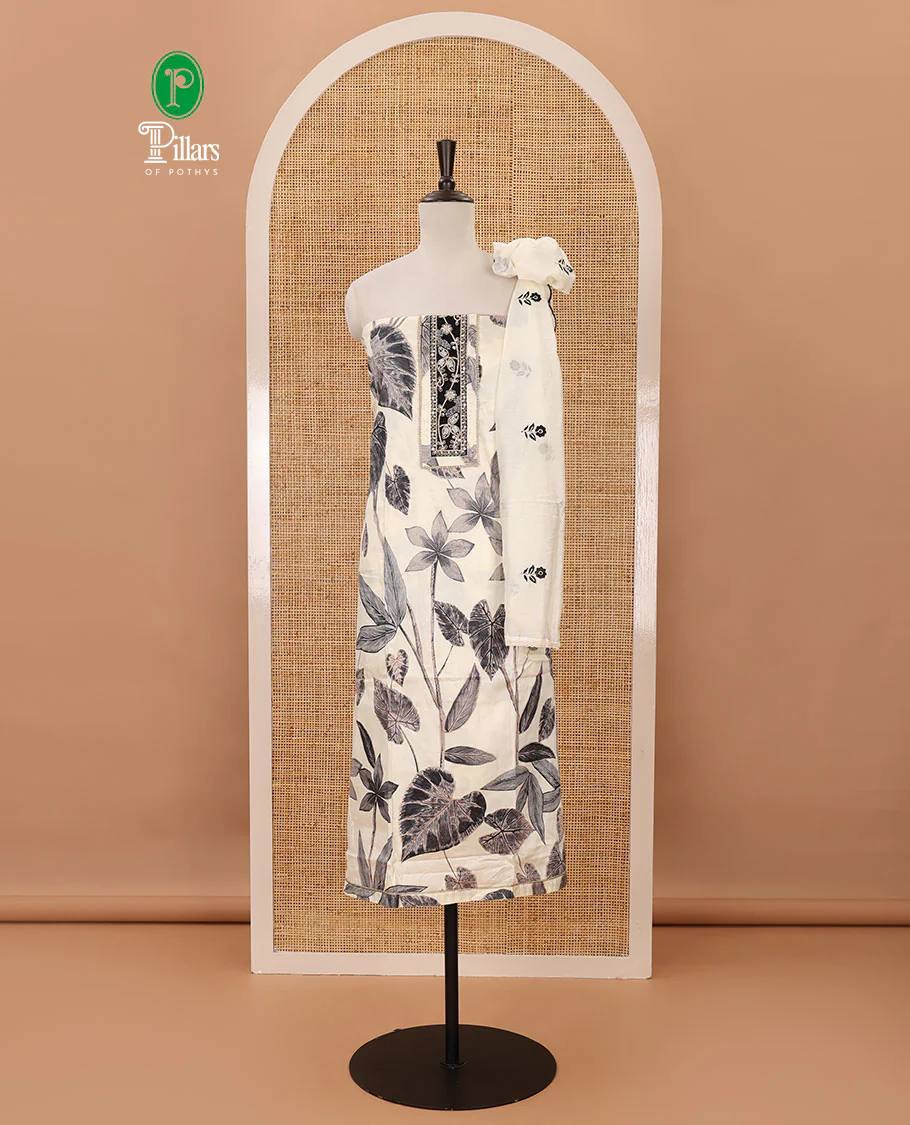 Cream material chudidar set, floral print & neck patch embroidery cotton top, plain bottom & floral motifs mul chanderi dupatta