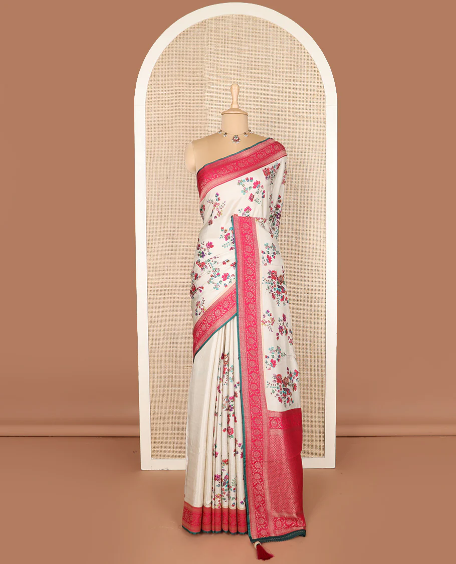Cream meenakari floral motifs dola silk saree, contrast traditional zari border, and intricate pallu - Image 2