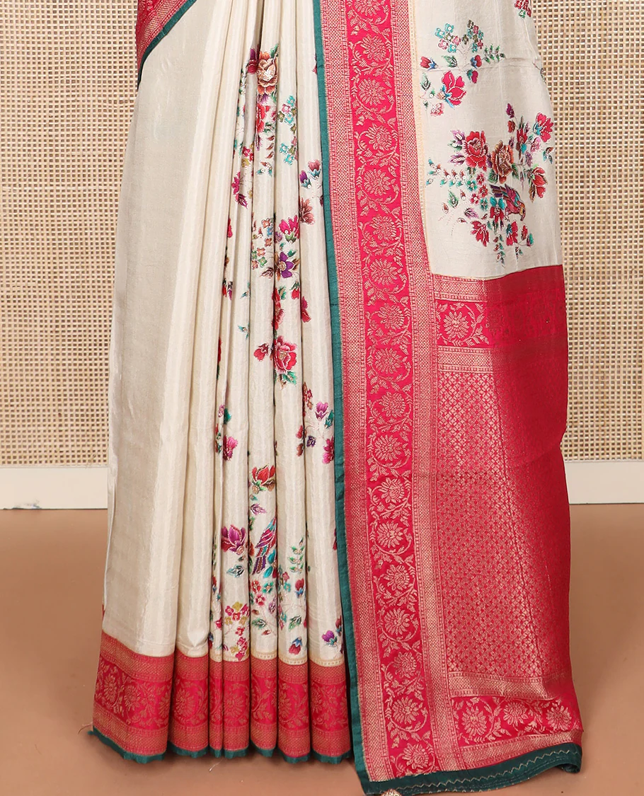Cream meenakari floral motifs dola silk saree, contrast traditional zari border, and intricate pallu - Image 3