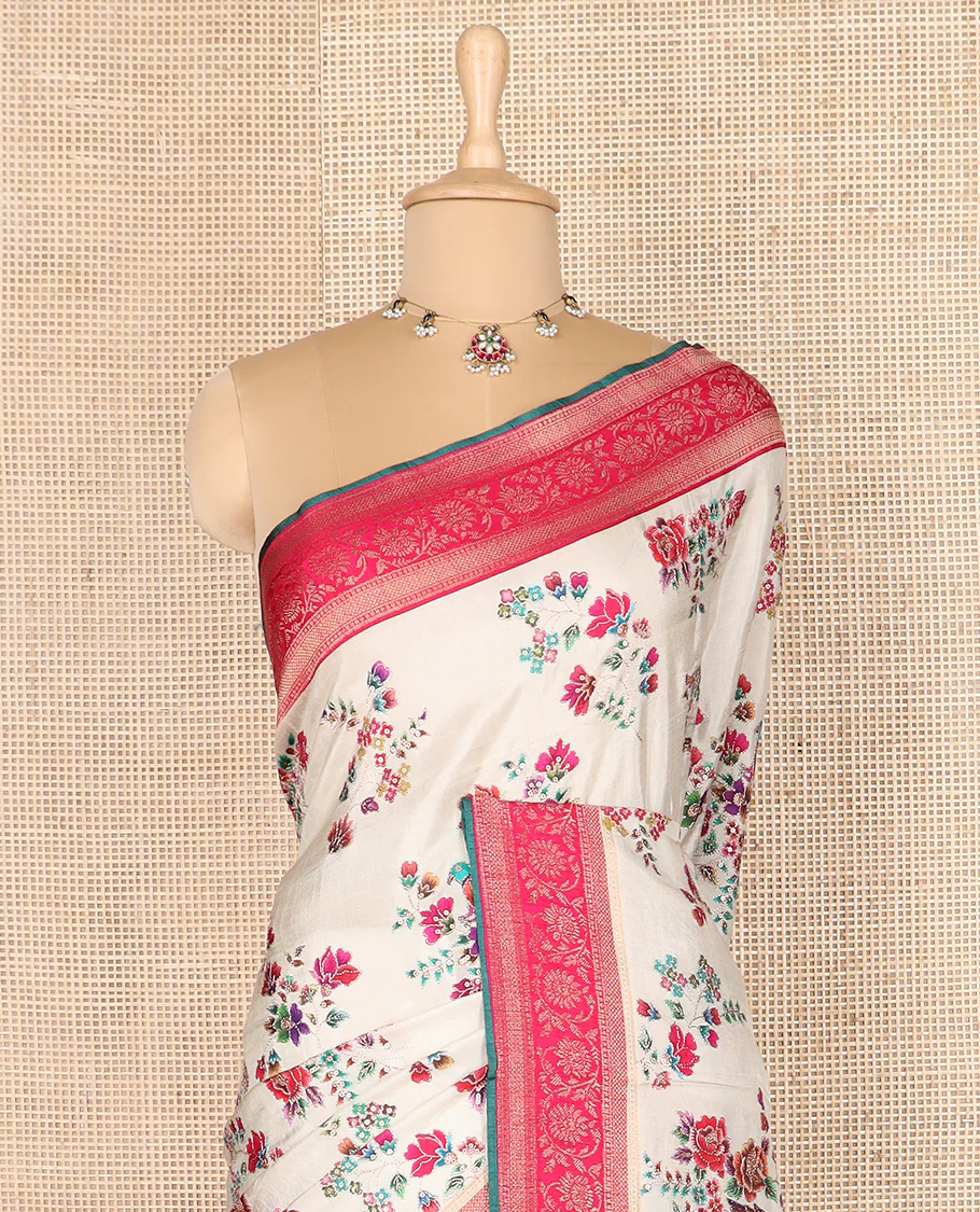 Cream meenakari floral motifs dola silk saree, contrast traditional zari border, and intricate pallu - Image 4