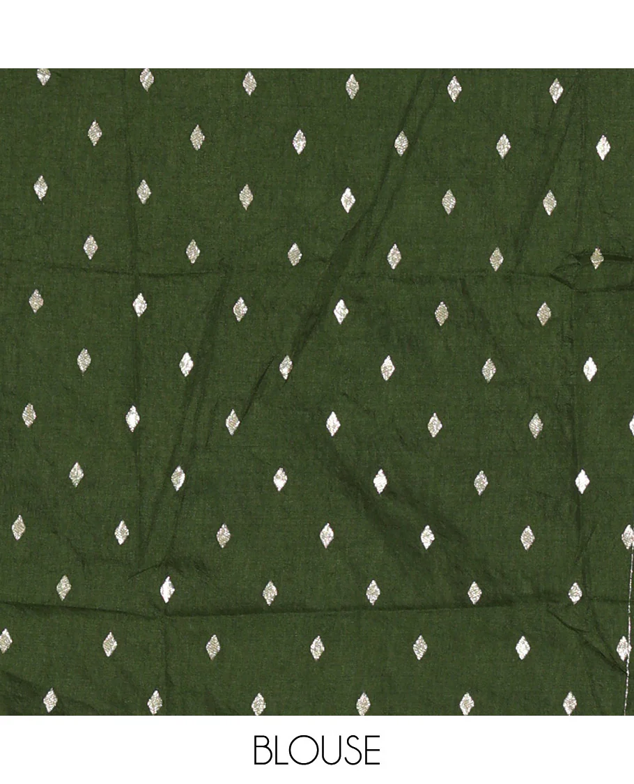 Cream-mehendi green half-saree, gold chevron striped nylon viscose crepe skirt, contrast diamond buttas blouse, and  a contrast scallop floral-theme embroidered dhavani - Image 4