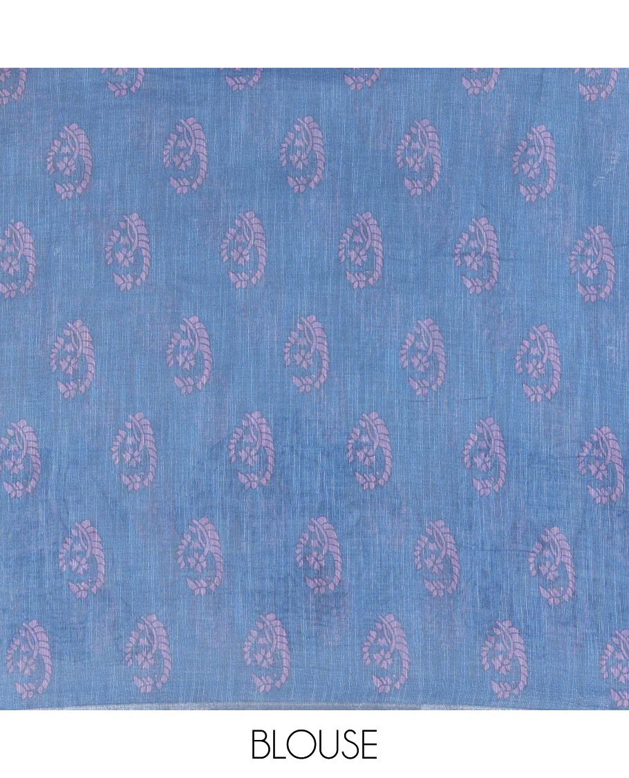 Cream mirror work linen cotton saree, zari border of umbrella and elephant motifs print, pallu of print and mirrorwork, and a contrast printed blouse - Image 4