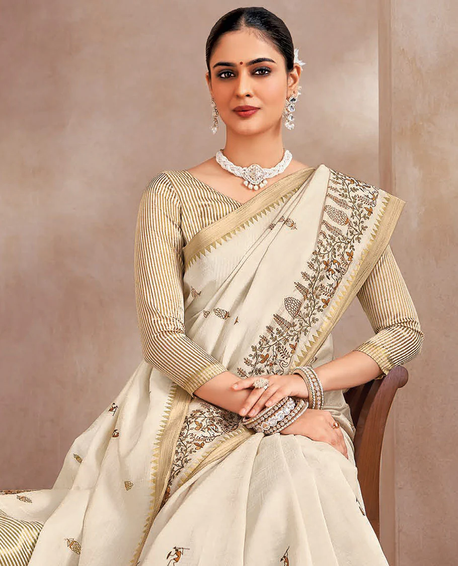 Cream motifs embroidered designer saree, embroidered border, and striped pallu - Image 2